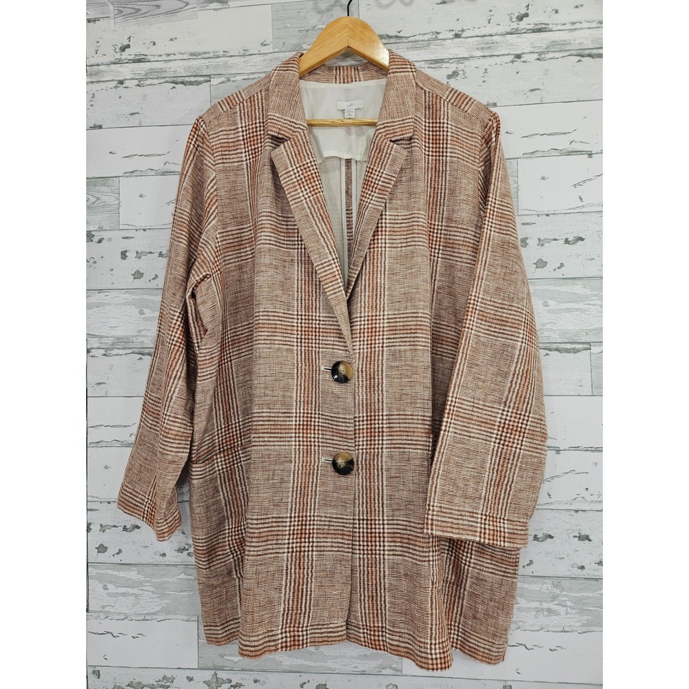 J. Jill Plaid Linen Blend Blazer Terracotta Cream Two Button Jacket Womens XL